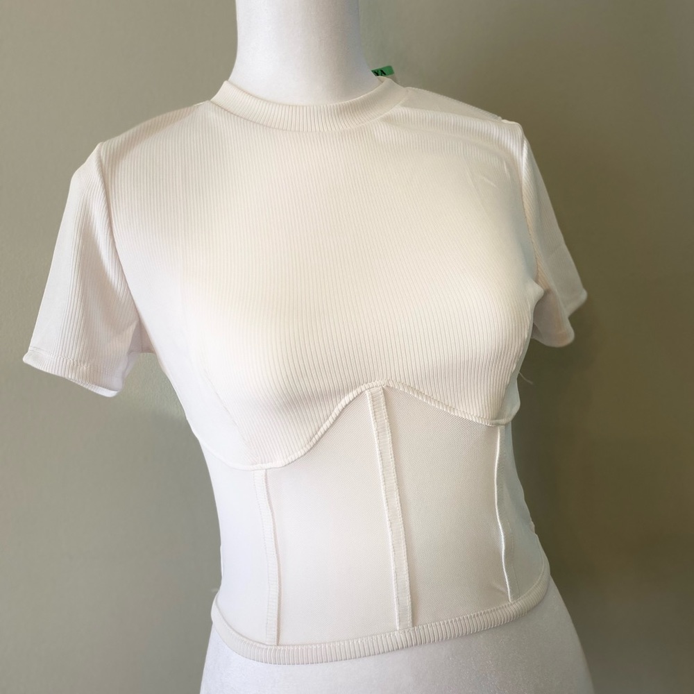 Women's White Short Sleeve Corset-Style Ribbed Tee